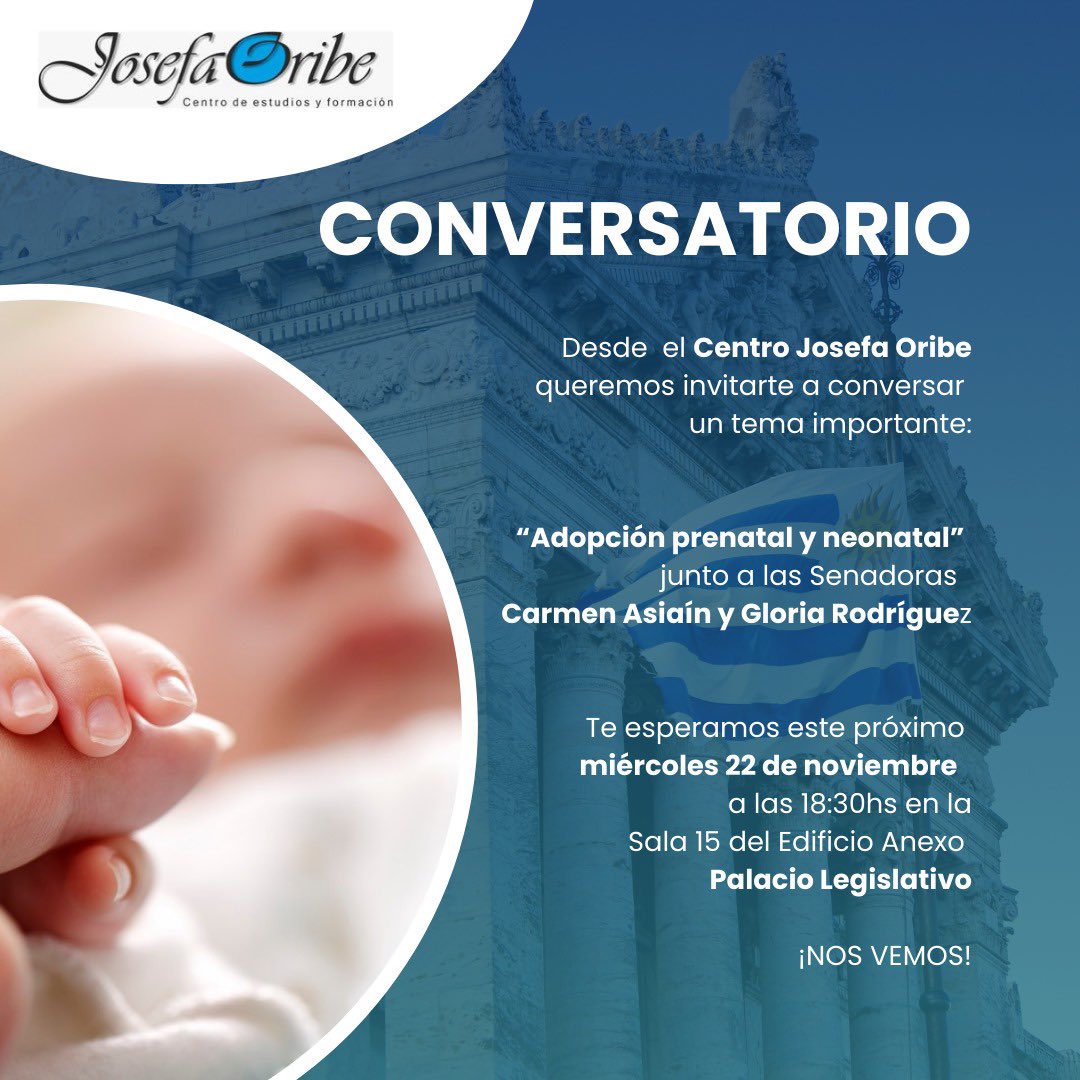 Centro Josefa Oribe (@cefjosefaoribe) on Twitter photo ADOPCIÓN PRENATAL Y NEONATAL 🤱🏻
Te esperamos el próximo miércoles 22 a las 18:30hs juntos a las Senadoras <a href="/casiain1/">Carmen Asiaín</a> y <a href="/gloriasaravista/">Gloria Rodriguez</a> para conversar un tema importante.
Nos vemos! ADOPCIÓN PRENATAL Y NEONATAL 🤱🏻
Te esperamos el próximo miércoles 22 a las 18:30hs juntos a las Senadoras <a href="/casiain1/">Carmen Asiaín</a> y <a href="/gloriasaravista/">Gloria Rodriguez</a> para conversar un tema importante.
Nos vemos!