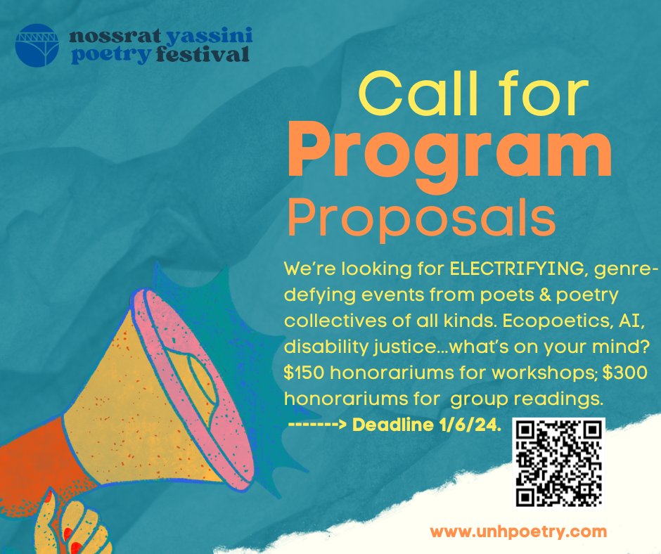 We're calling on our poetry community in the NH Seacoast and beyond to pitch ideas for workshops, panels, and other events for the inaugural Nossrat Yassini Poetry Festival. Poetry is everywhere! What do you want to show us? Just fill out our form to be considered. Link in bio!