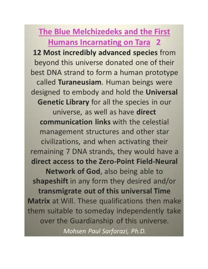 Marsha Elam (@marzhanel) on Twitter photo <a href="/MMmagicman17/">magicman17</a> Original humans had 12 strands of DNA—contributed by different civilizations
300,000 years ago “creator gods” (reptilians) genetically downgraded humans to 2 strands of DNA & began a Reign of Fear & Manipulation from 4D/fourth density referred to as the lower astral). <a href="/MMmagicman17/">magicman17</a> Original humans had 12 strands of DNA—contributed by different civilizations
300,000 years ago “creator gods” (reptilians) genetically downgraded humans to 2 strands of DNA & began a Reign of Fear & Manipulation from 4D/fourth density referred to as the lower astral).