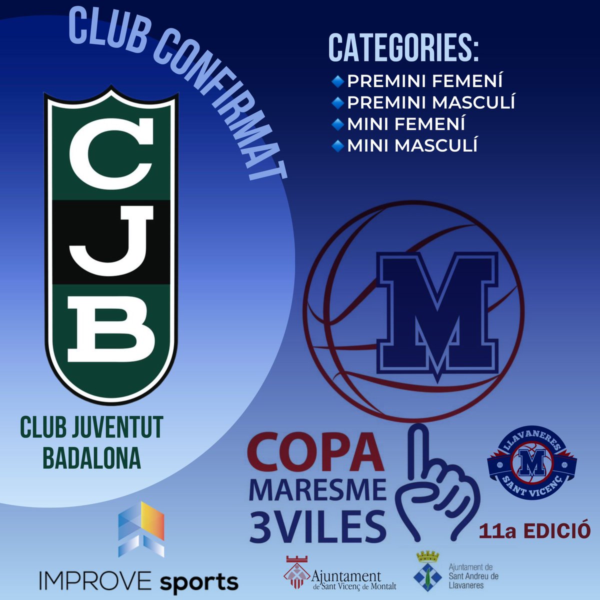 CLUB JOVENTUT BADALONA

La Penya participarà en categoria premini i mini femení i masculí, en aquesta edició.

Moltes gràcies per participar, un any més, a la Copa Maresme 3 Viles. Segur que gaudirem plegats del torneig!

#CopaM3V #Minibasquet #Llavaneres #SantVicençdeMontalt
