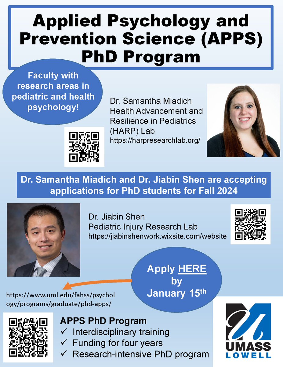 Accepting doctoral students for Fall 2024 to the HARP Lab for students interested in pediatric health psych! @JiabinShenPhD is an amazing colleague also accepting students pediatric injury prevention and rehabilitation. Deadline 1/15. Message us for details and please share!