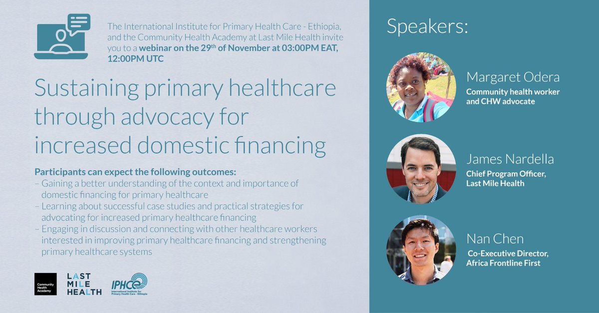 Join us next week (29/11/2023) as we explore how to increase domestic funding 4 PHC through advocacy 📢 
Panelists: @MargaretOdera 4rm the CHW advocacy community, @jamesnardella from @lastmilehealth  @Nan Chen from @Frontline1st  💯👌🏾
Registration is open: us06web.zoom.us/webinar/regist…