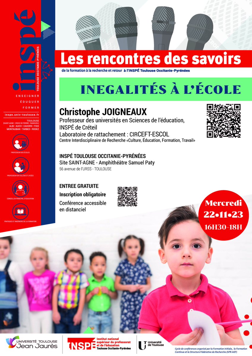 📢[RencontreDesSavoirs] <a href="/Inspe_Toulouse/">Inspé Toulouse Occitanie-Pyrénées</a> 
🗓️Mercredi 22/11, 16h30-18h, site St-Agne. 
➡️INÉGALITÉS A L’ÉCOLE - avec C. Joigneaux, professeur d'université <a href="/INSPECreteil/">INSPÉ Créteil</a>
➡️Inscription obligatoire cutt.ly/lwUH0IO0
<a href="/UTJeanJaures/">UT Jean Jaurès</a> <a href="/ReseauInspe/">Réseau des INSPÉ</a> 
@EAFC_TLSE