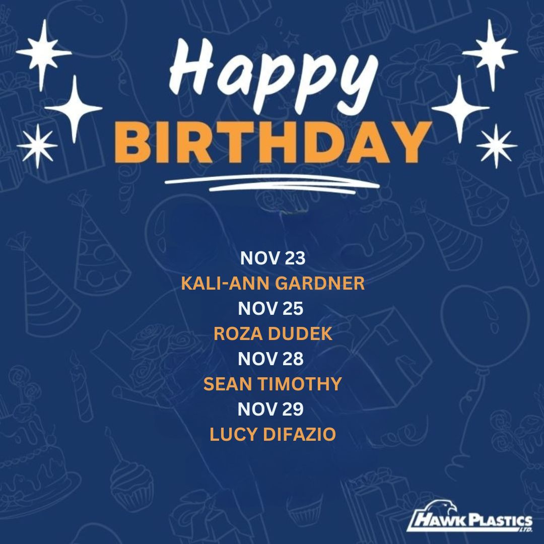 HawkPlastics's tweet photo. Help us celebrate our November birthdays 🥳 🎉🎂
#hawkplastics #hawk #plasticsmanufacturing #windsor #windsorontario #localemployer #localeconomy #supplychain #autosupplier #yqg #buildingtomorrow #manufacturing #people #birthdays https://t.co/HqoRpLTGlj