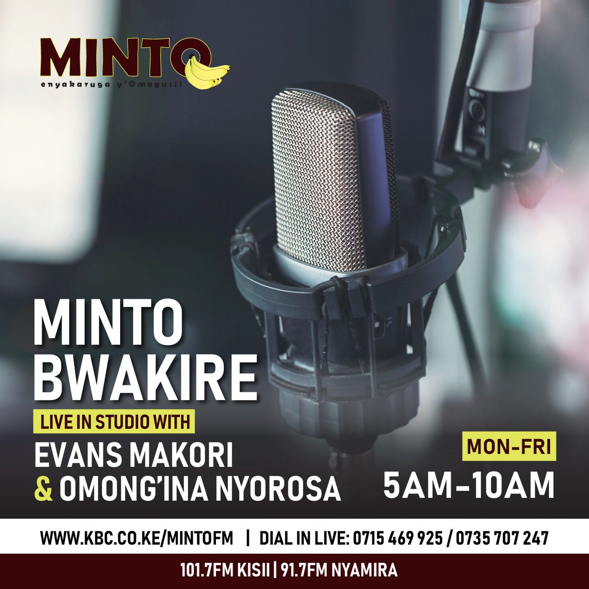 Minto bwakire Tuesday edition na Evans Makori (Engéra ya Inani) na Omongína Nyorosa, goika inye chia bono mambia, ngai otobwaterete. ^MK #MintoFM #KBCniYetu