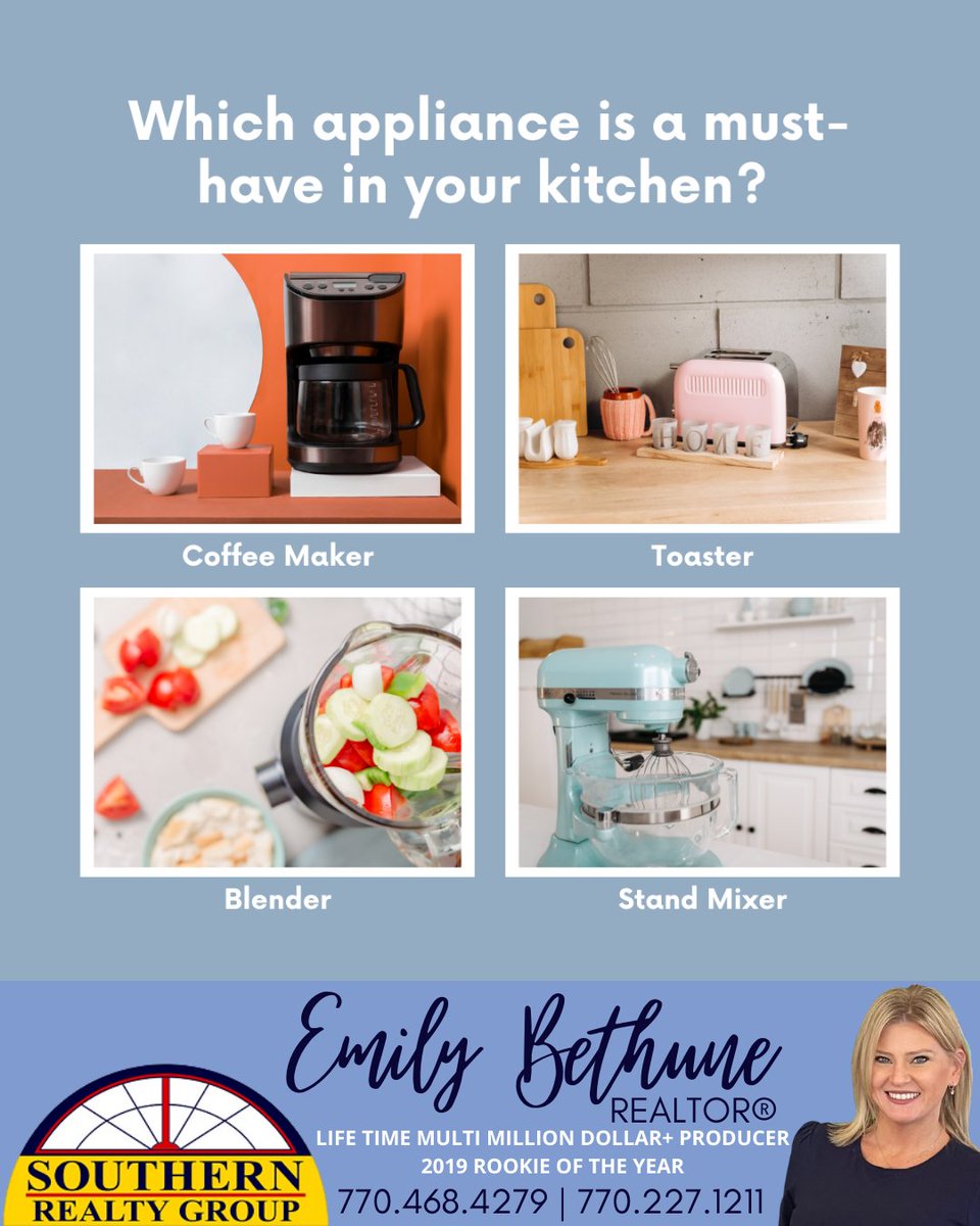 Which of these kitchen appliances is a must-have in your home? 

#emilybethunerealtor #southernrealtygroup #weputheREALinrealty #georgiarealestate #griffinga #ingriffin #georgiahomesforsale #midgarealestate #kitchenessentials #homecooking #appliancedebate #kitchentalk