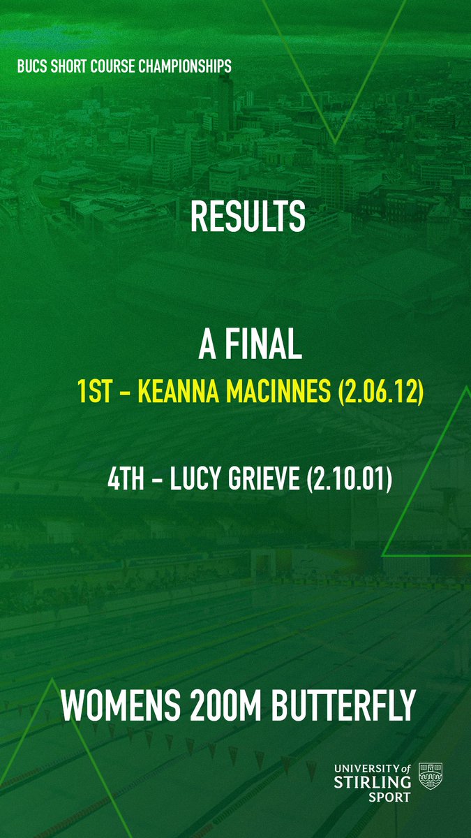 UofSSwim's tweet photo. Highlights of some of our results from the final day at BUCS SC💥

Big mention to @keanna2001 @lucygrieve_ for taking down the 50, 100 and 200m butterfly Scottish records between them - in the same weekend🥶

Good showing from UofS as a whole, placing 2nd overall as a team💪🏼 https://t.co/dgqFSbc6zu