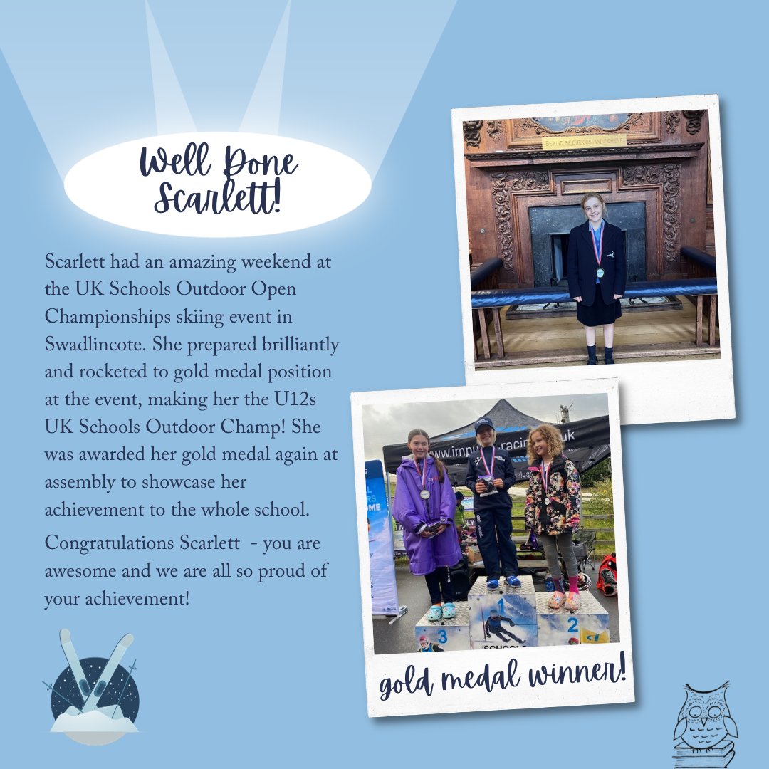 Scarlett had an amazing weekend at the UK Schools Outdoor Open Championships skiing event. She rocketed to gold medal position at the event, making her the U12s UK Schools Outdoor Champ! Congratulations Scarlett - you are awesome! 🎿🥇
#motivationalmonday #pupilachievement