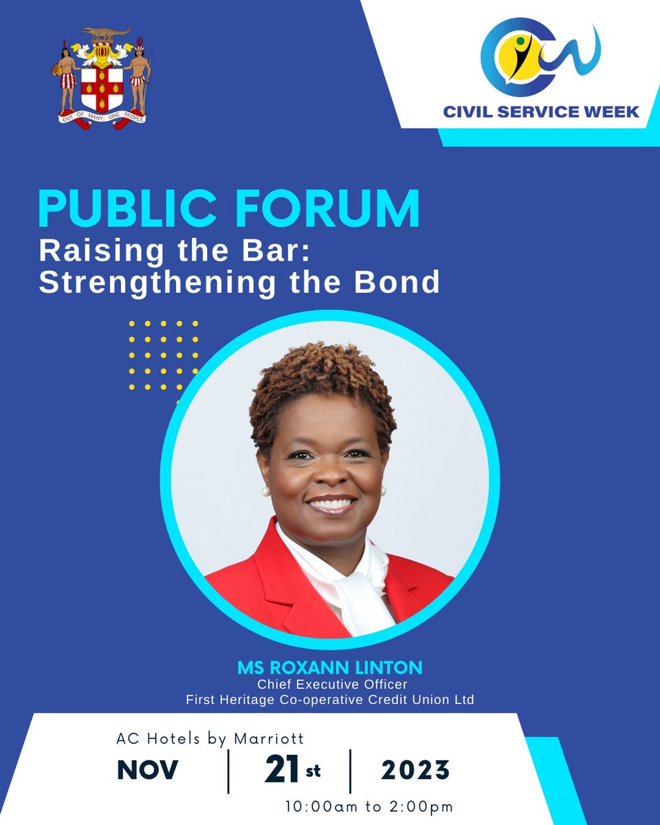 MOFJamaica's tweet photo. REMINDER! Tune in to the Civil Service Week Public Forum on Tuesday, November 21, 2023. It promises to be dynamic!
Live streaming will be on the ministry's YouTube channel.
For more info: https://t.co/2Gv6uARYe7
#MOFPSJamaica
#CivilServiceWeek https://t.co/iVaZK956bv