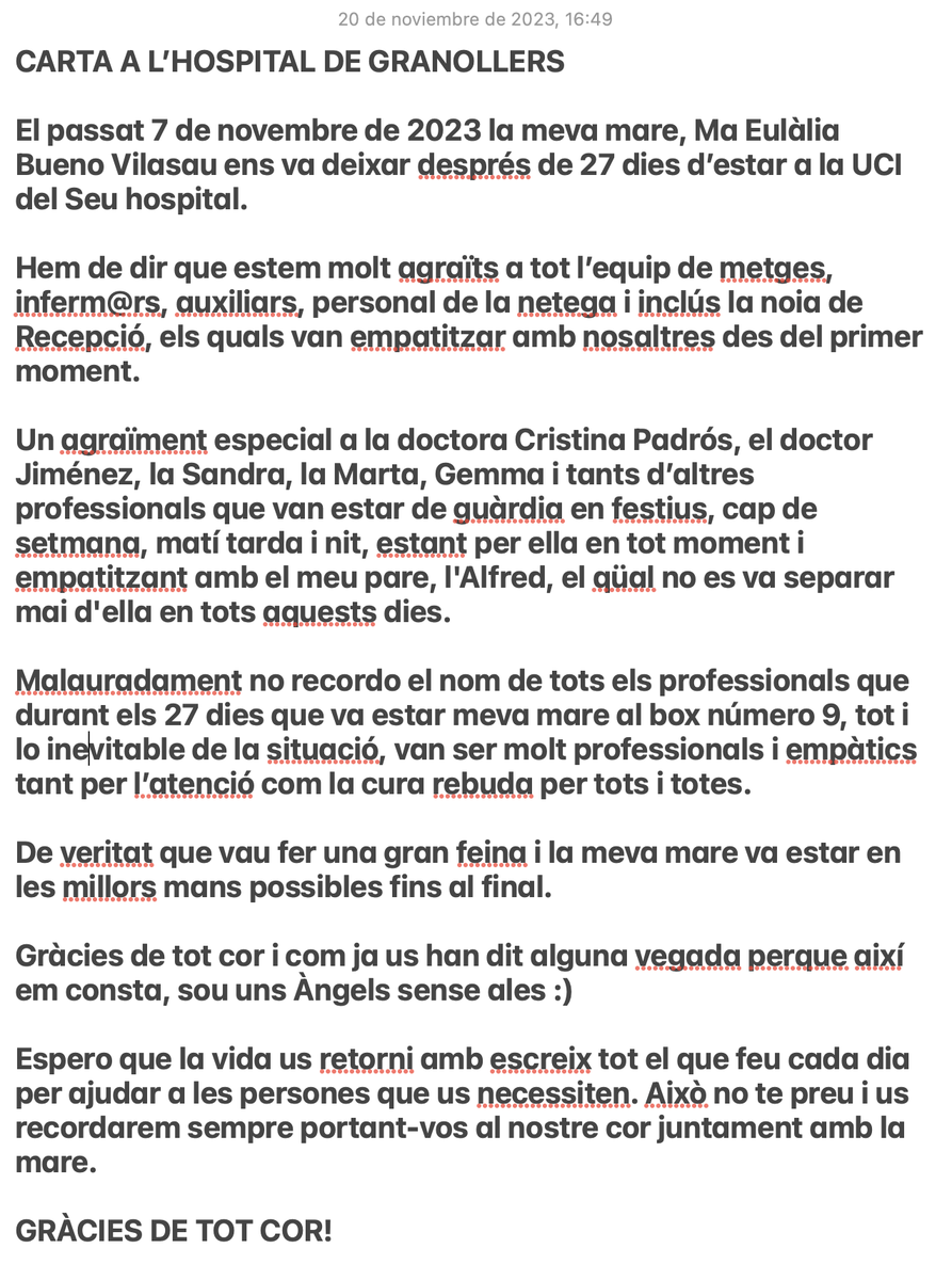 Cannabity's tweet photo. @hggranollers El passat 7 de novembre de 2023 la meva mare, Ma Eulàlia Bueno Vilasau ens va deixar després de 27 dies d’estar a la UCI del Seu hospital.

Hem de dir que estem molt agraïts a tot l’equip de metges, inferm@rs, auxiliars, personal de la netega i inclús de Recepció... https://t.co/Mg0NLgVnPh