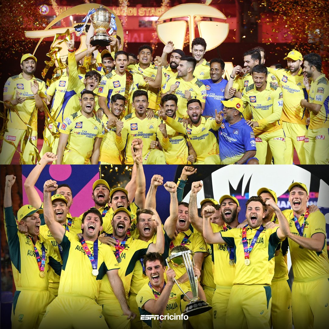 cricinfo's tweet photo. Yellow teams have been lucky at Ahmedabad this year 💛 

Australian Cricket Team 🤝 Chennai Super Kings

#CWC23 #CWC23Final #INDvAUS https://t.co/fFbbJp7X3d
