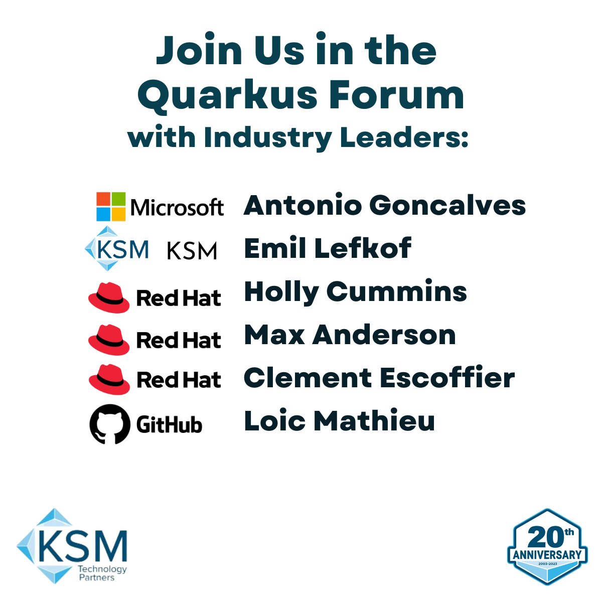 Powerful minds converge in the Quarkus Forum. KSM, Red Hat, GitHub, and Microsoft join forces for a tech synergy that's reshaping the industry. #CollaborativeTech #InnovationLeaders