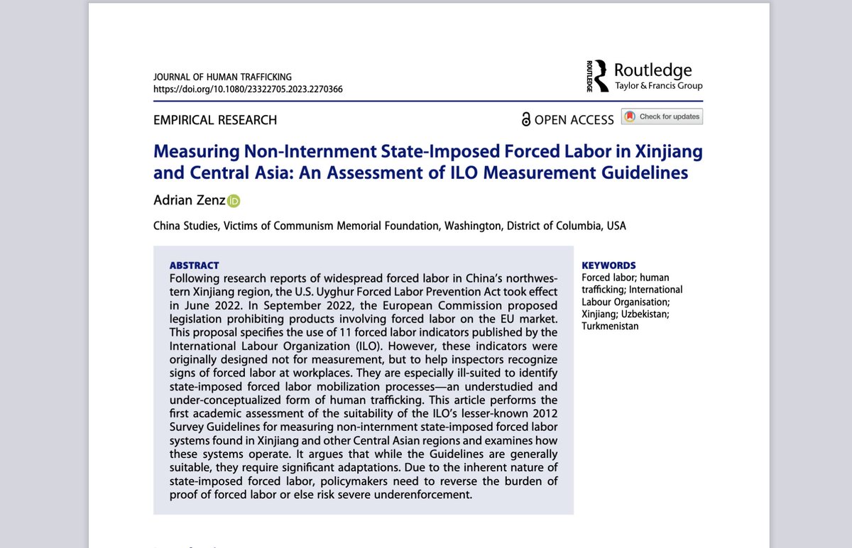 Pleased to publish another peer-reviewed article today on Xinjiang forced labor (4th this year), arguing why this forced labor requires reversing the burden of proof. It evaluates EU draft legislation & analyses evolution of ILO measurement frameworks:🧵 tandfonline.com/doi/full/10.10…