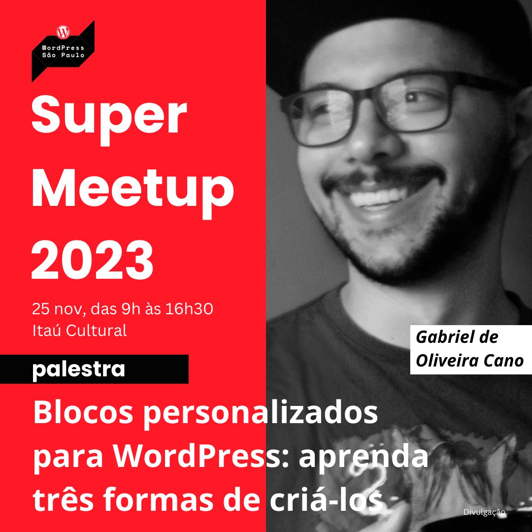 Gabriel de Oliveira Cano [@GabrielCano_T] é palestrante do Super Meetup 2023 – Rumo ao WordCamp São Paulo 2024. Saiba mais em wp.sampa.br

#BlocosWordPress #SuperMeetup2023 
#Meetup #WordPress #WPSP  #WCSP #WordCamp #WordCampSãoPaulo #ComunidadeWordPressSãoPaulo