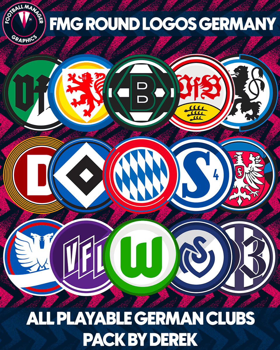 fmgraphics22's tweet photo. 🚨🚨 FMG Round Logos Germany 🇩🇪🇩🇪🇩🇪

We've just released all playable clubs &amp; lots of extra logos for Germany in our new round style 🤩🤩

⚫️ Bundesliga
🔴 2. Bundesliga
🟡 3. Liga
🟢 Regionalliga 

🔗 https://t.co/EkADlwqb1p

#fm24 #logos #Bundesliga #design #Bayern #BVB #vfb https://t.co/VlxfVqnUWR