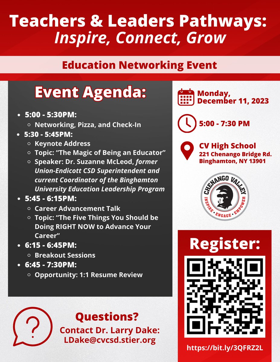 Excited to host our Inaugural #Education Networking Event at @CVCSDWarriors!  Our goal is to bring together #educators who are pursuing careers in #teaching & #leadership!  See the QR Code to register!  @sunybroome @NJACTE1 @SAANYS @binghamtonu @SUNY @suny_cortland @SUNY_Oneonta