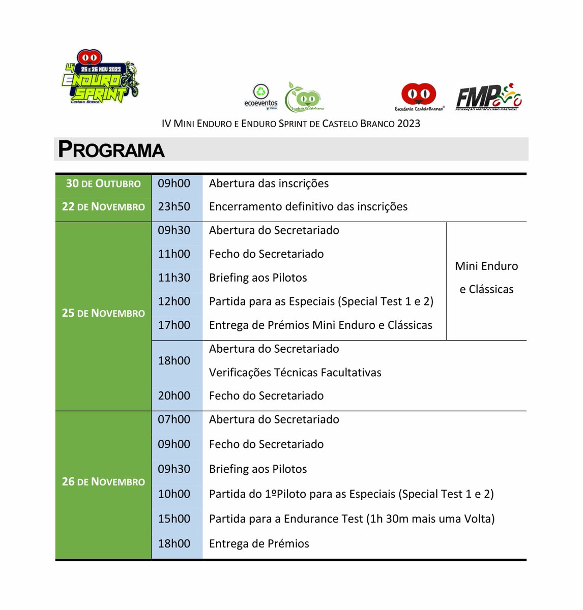 Programa do Enduro Sprint de Castelo Branco