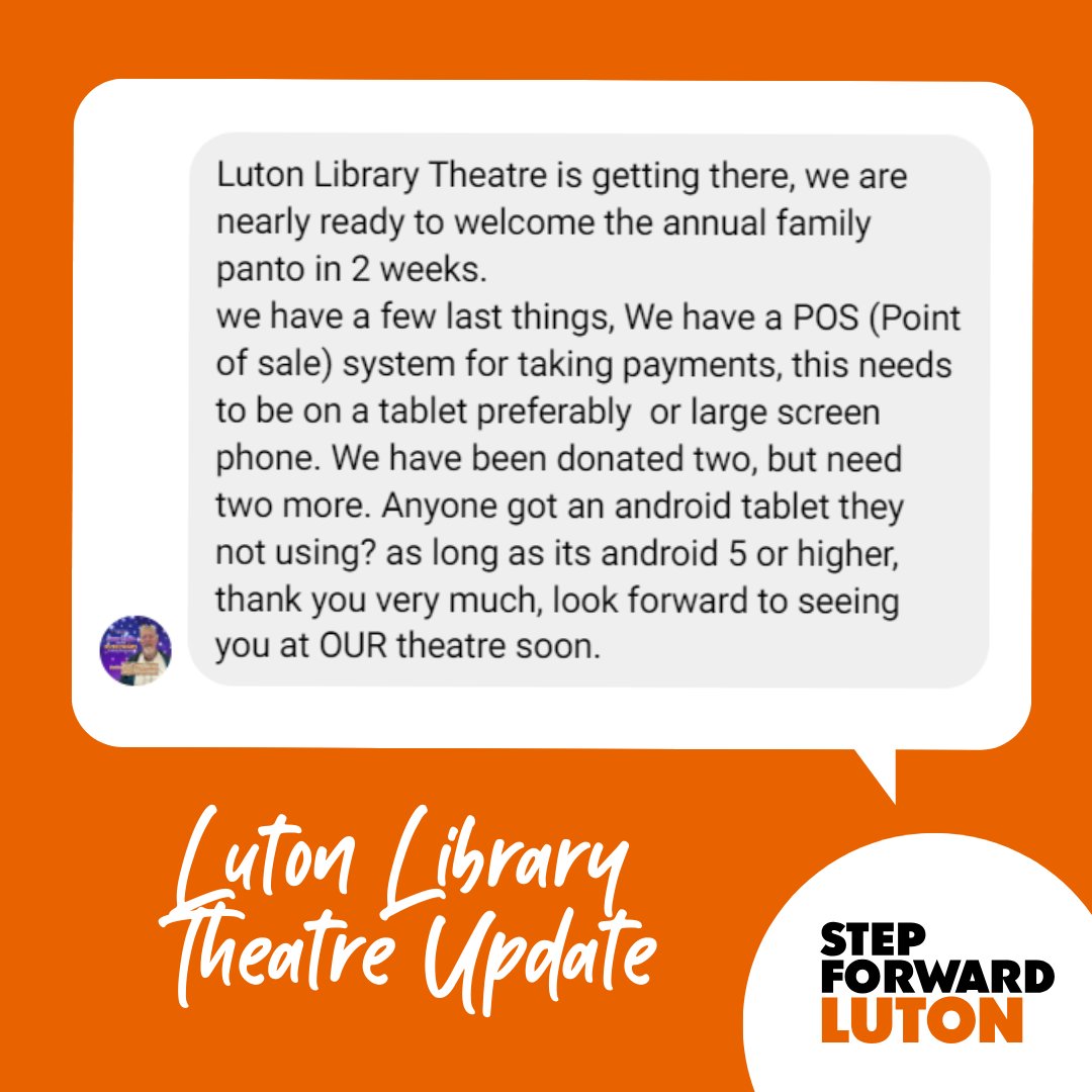 We're absolutely thrilled to learn that the Luton Library Theatre is gearing up for a fantastic re-opening, all thanks to the incredible efforts of 'Luton’s Creative Community' 🎉

Can you help with their latest request to get them up and running? Drop them a DM <a href="/LutonTheatre/">Luton LibraryTheatre</a> 📩
