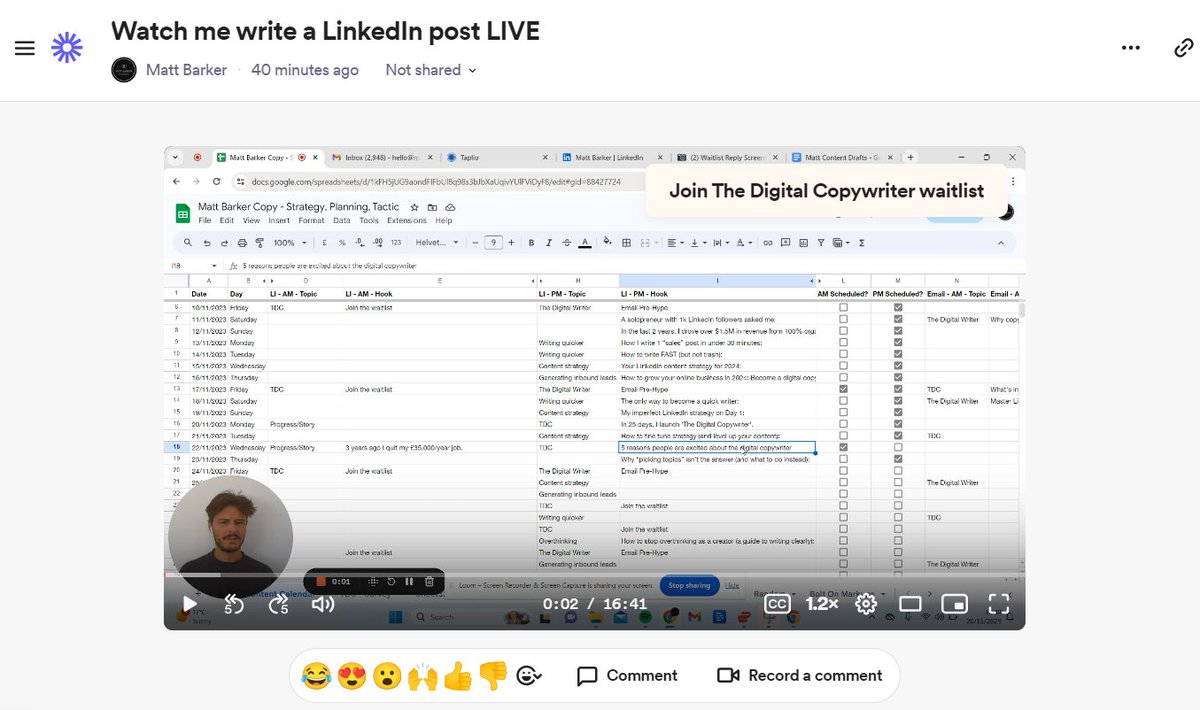 mattbarkercopy's tweet photo. I've written over 7,500 LinkedIn posts and driven $1.5M+ for clients.

But it took me 6 months to figure out how to write a GOOD post.

So this morning I recorded a 16 minute video of me writing to show you how.

Want it? 

Follow me.
Like &amp; Reply "Send".
RT this tweet. https://t.co/JdULcpHyXU