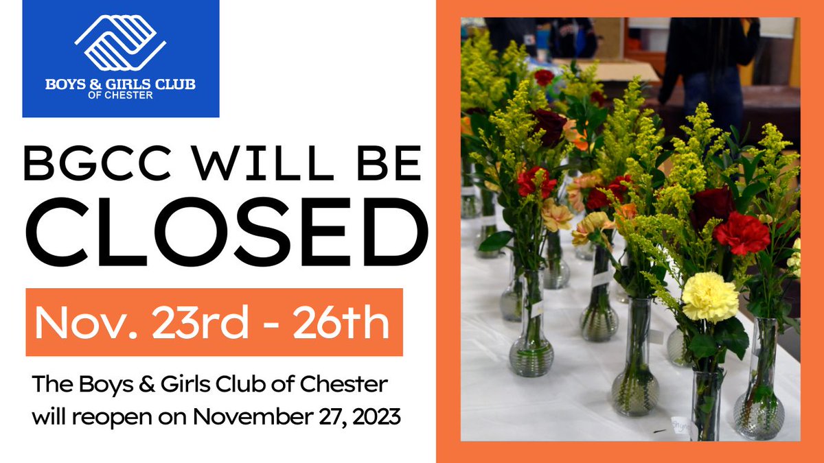 BGCChester's tweet photo. REMINDER:

This is a reminder that we will be closed starting Thursday, November 23rd through Sunday, November 26th for the Thanksgiving holiday! Again, we will resume normal hours of operation on Monday, November 27th. Thank you.

We hope you have a safe and happy holiday! https://t.co/EzdQuKozqW