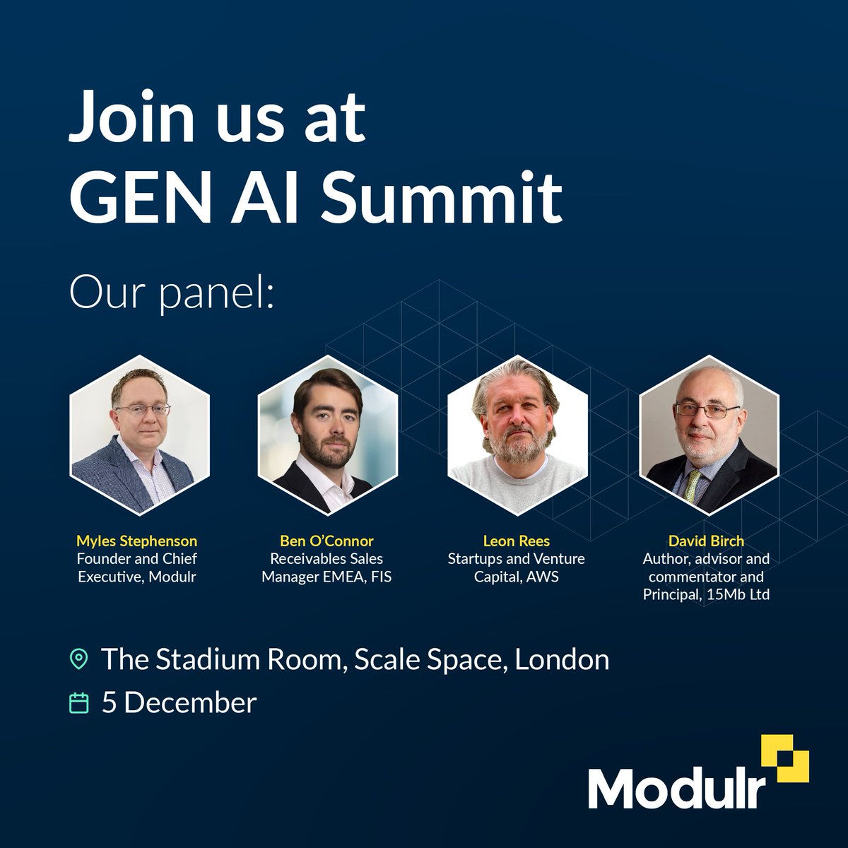 ModulrFinance's tweet image. We&apos;re two weeks away from our Gen AI Summit in London where we&apos;ll be discussing the future of payments with Gen AI ⚡

Join us on Tuesday 5 December to hear from @awscloud, @fisglobal &amp;amp; @ModulrFinance alongside moderator David Birch. 

Register now 👉 hubs.ly/Q029rD7f0