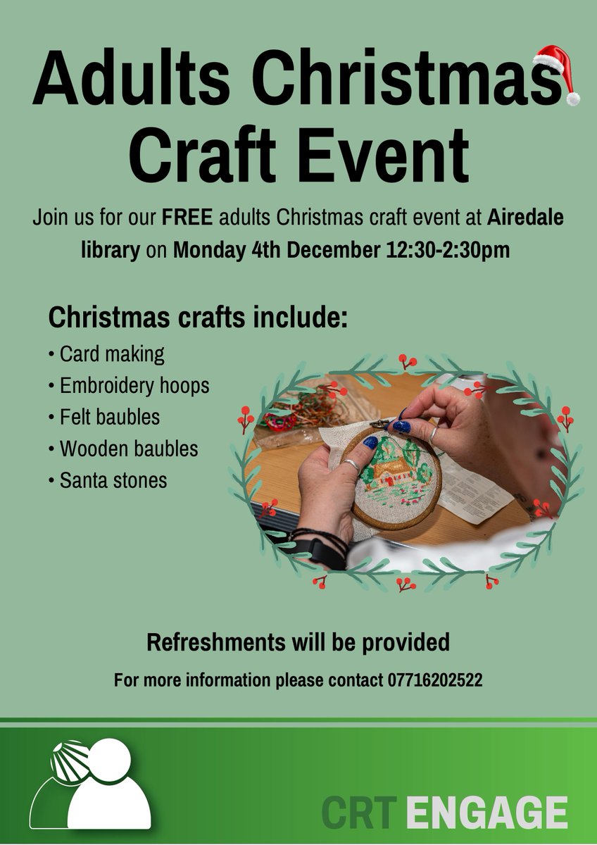 WFlibraries's tweet image. Join us at #AiredaleLibrary for an exciting Christmas crafts event!
Make cards, hoops, baubles and so much more!
For adults only, no booking required!
📅Monday 4 Dec ⏰12:30pm-2:30pm 📍Airedale Library, WF10 3JJ
#Christmas #crafts #thingstodo @experiencewakefield @wakefieldmuseum