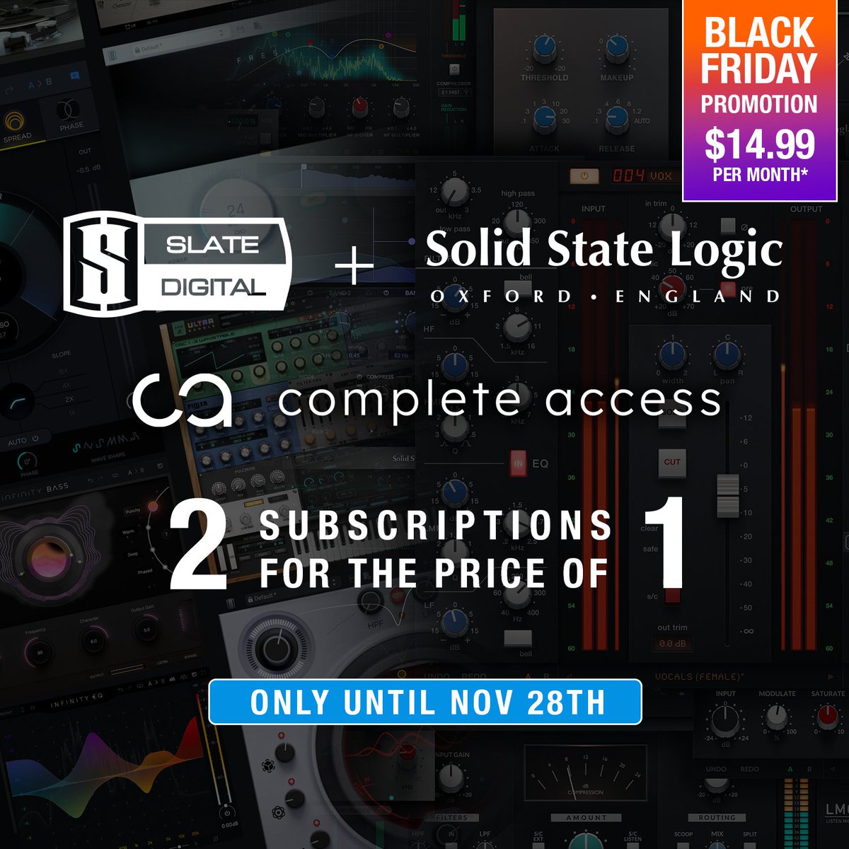 solidstatelogic's tweet image. Introducing Complete Access – the new combined subscription package from Solid State Logic and Slate Digital. 

🔥Two premium subscriptions for the price of one🔥

bit.ly/3SK3Zme

*Ts&amp;amp;Cs apply

#SolidStateLogic #TwoforOne #BOGOF #MusicProduction #Mixing #Recording