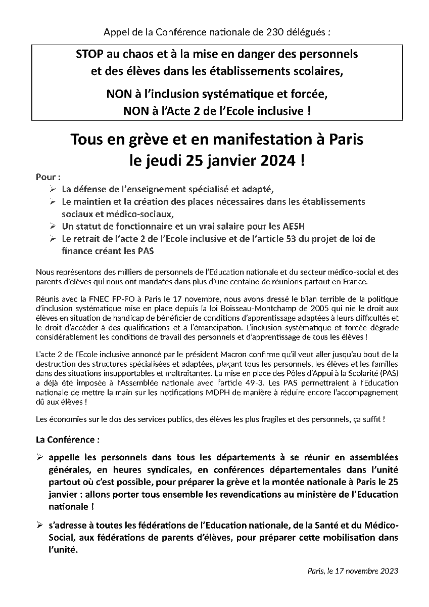 230 délégués réunis le 17/11 appellent à la grève et à une manifestation nationale à Paris le 25 janvier 2024, en direction du ministère, pour le retrait de l'acte 2 de l'école inclusive, un vrai statut pour les #AESH et la défense de l'enseignement spécialisé. #Ecoleinclusive