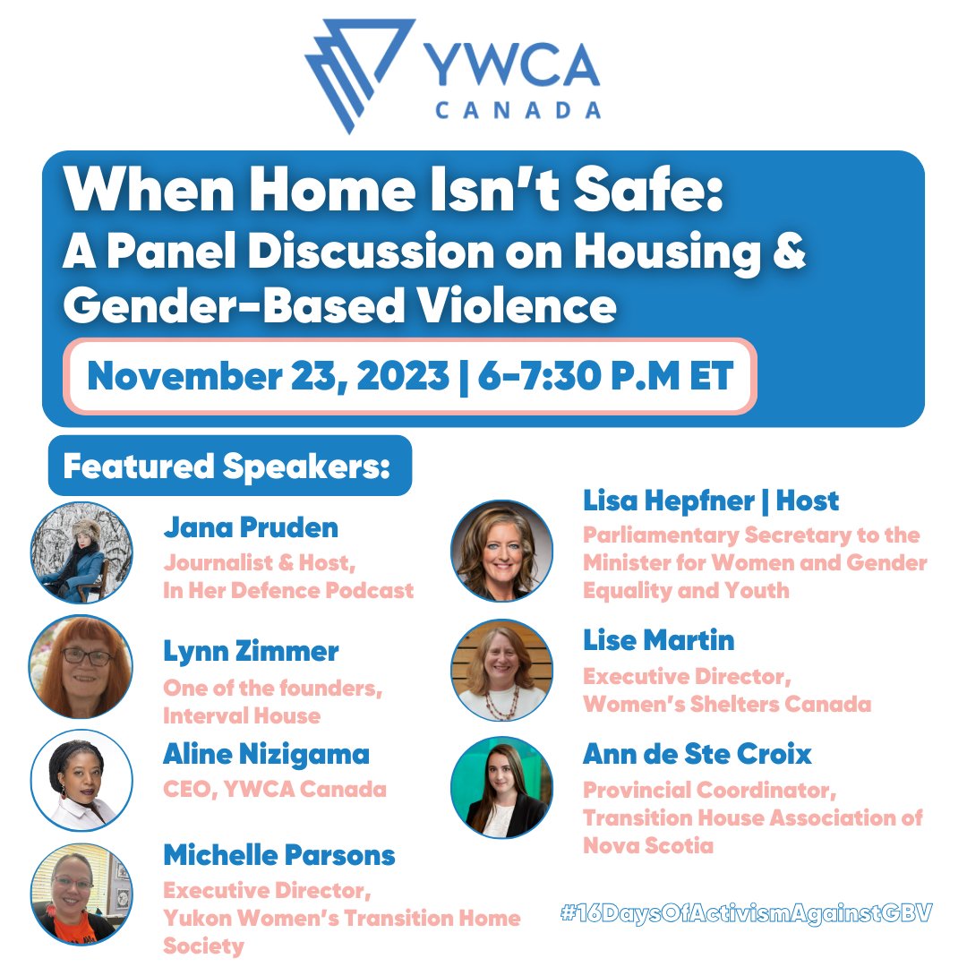 November 23rd, YWCA Canada will be hosting a panel to address the link between gender-based violence and safe, affordable, reliable housing as part of our 16 Days of Activism Against Gender-Based Violence programming.  
Register today! us06web.zoom.us/webinar/regist…