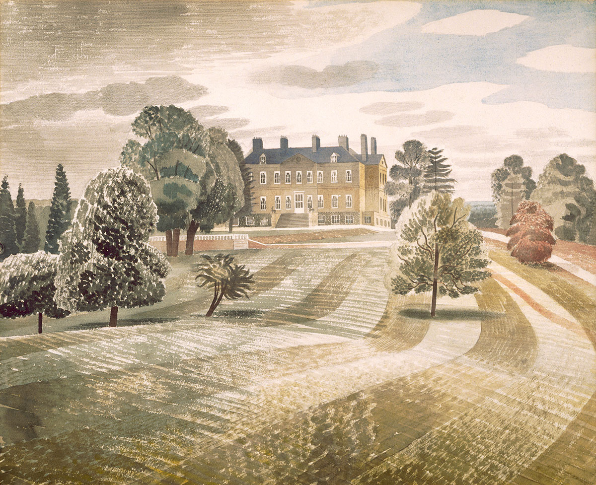 Ravilious1942's tweet photo. Buscot Park, Eric Ravilious, 1938. The house is near Faringdon, #Oxfordshire and is a @nationaltrust property which houses the Faringdon Collection and this artwork is a part of it. https://t.co/z3esrI53TP