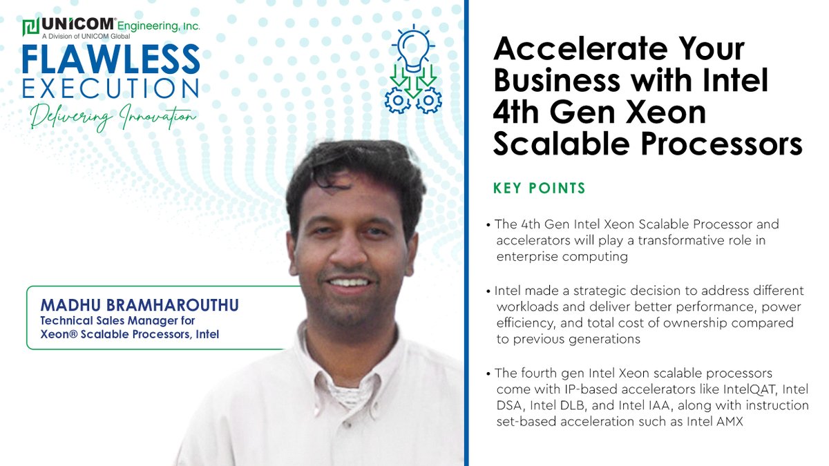 UNICOMEng's tweet image. 4th Gen #Intel Xeon processors come with IP-based accelerators along with instruction set-based acceleration, offering significant performance improvements. See how Intel’s newest processor and accelerators will impact #EnterpriseComputing.