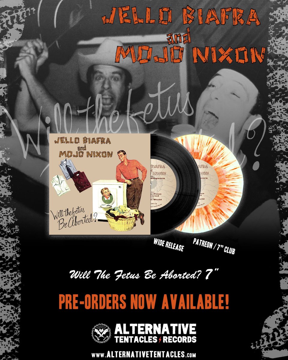 This month you can pre-order the mutant alleged-country collaboration 7' between two greats: Jello Biafra & Mojo Nixon! Available both as the classic wide release version, and the limited Patreon/7' Club Splatter version! Pre-order your copy at buff.ly/3OMAFsS