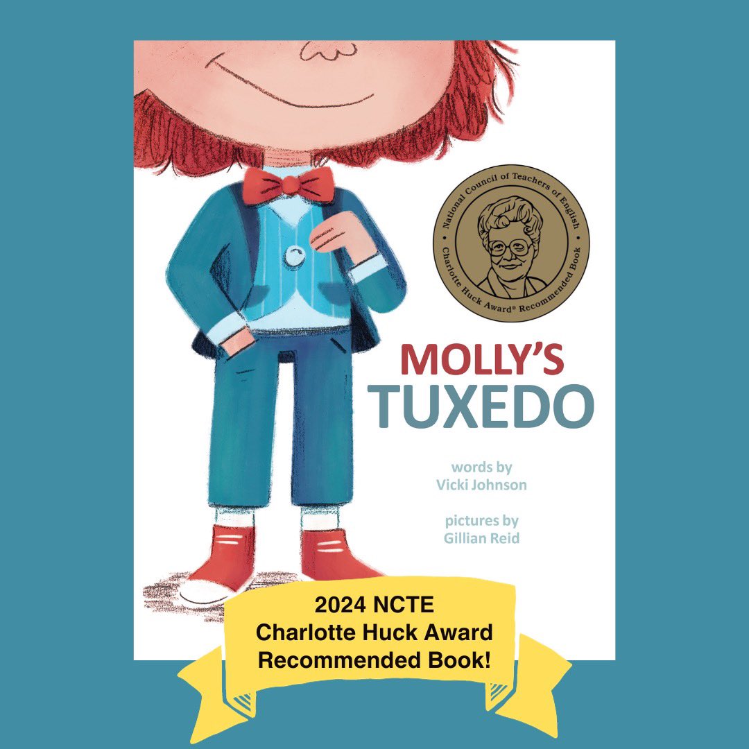 I’m so happy for the whole team behind #MollysTuxedo that our book was named a 2024 “@NCTE Charlotte Huck Award for Outstanding Fiction for Children” Recommended Book. @gillianimation was the most kind, funny, and talented collaborator one could hope for in a debut book. 1/2