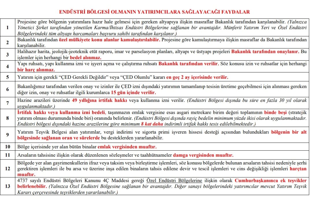 semihayas88's tweet photo. #sasa da bu akşam gelen sözleşme tadili haberi ile son ödenen PDT icin yapılan tahsisli sermaye arttırımı sonrası yeni sermayenin ticaret sicil gazetesinde yayınlandığı bilgisini paylaştı şirket. 

Ayrıca cuma günü paylaştığımız yumurtalıktaki alanın sanayi alanina çevrildiği haberi kapsamında #sasa nin arazilerinin bu alan içinde olmadığını, şirketin bakanlıktan kendi arazisi için sanayi alanı değil "Özel Endüstri Bölgesi" ilan edilmesi için başvuru yaptığını öğrendik. Bu iki ayrı kavramın detaylarına baktığımızda aşağıdaki tabloda yer alan verilere ulaştım. 

#sasa özel endüstri Bölgesi olmak isteyerek bu belediye ile yürütülen tüm işlemlerin hızlandırılmasi için direk bakanlık ile halledilmesini, bir çok vergi ve harçlardan muaf olmayı ve gerektiği takdirde CB tarafından özel teşvikler almayı planladığıni düşünüyorum.

Bürokratik işlemlerin hızlanması ve sürecin sonuçlandırılması da Özel Endüstri Bölgesi ilan edilmesinin katkısı büyük olacak.