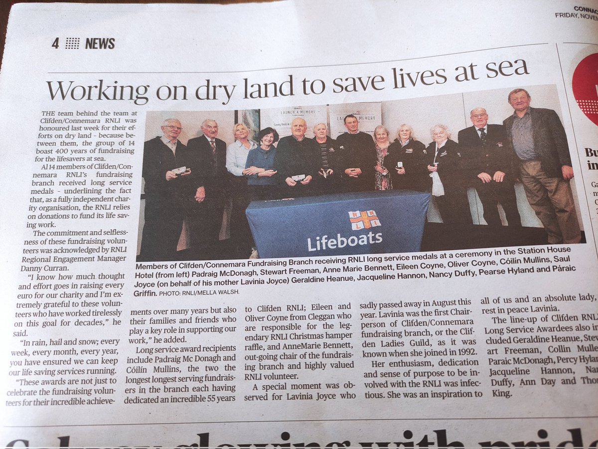 Thanks @CTribune for covering this story - Clifden RNLI fundraising branch members honoured with long service awards, a combined 400 years fundraising and #savinglivesatsea @ClifdenRNLI @RNLI #buyapaper @daveoconnell1