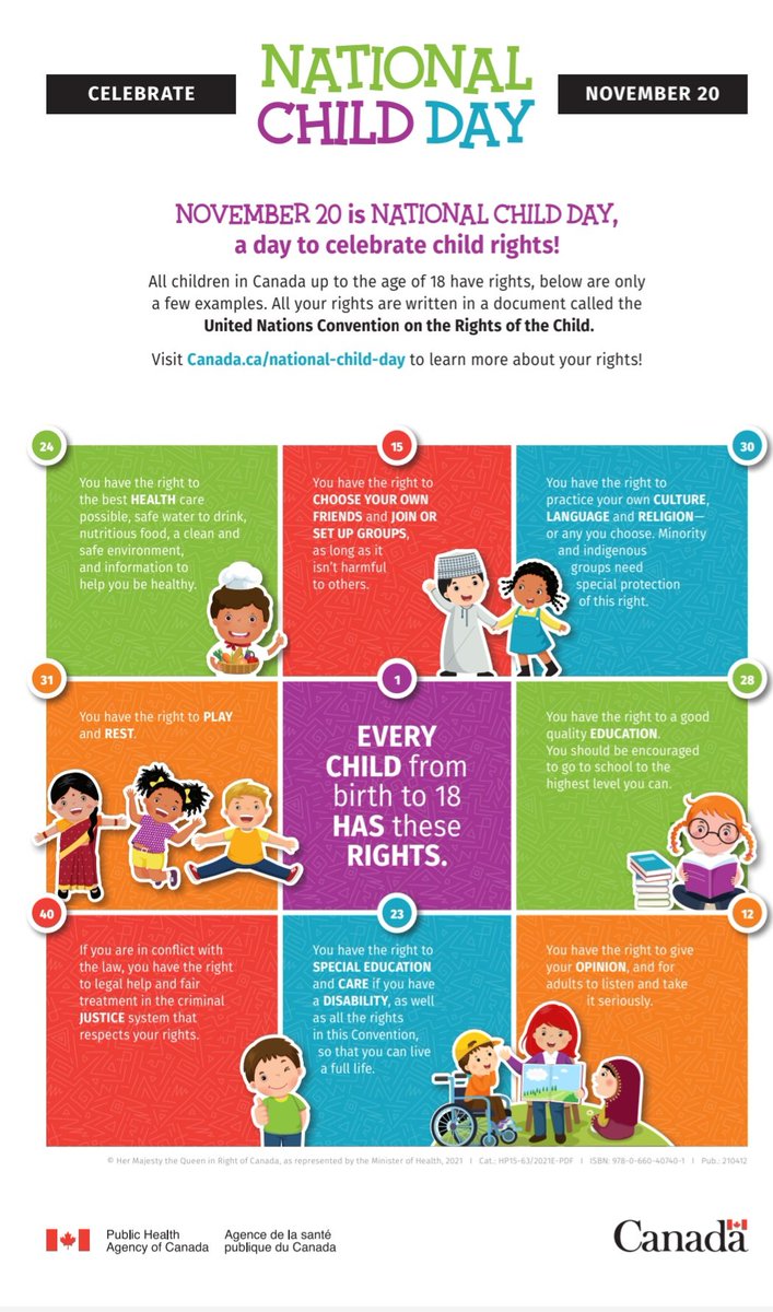 waypoints_nl's tweet photo. November 20 is National Child Day, a day to celebrate child rights!

All children in Canada up to the age of 18 have rights, below are only a few examples. All children's  rights are written in a document called the United Nations Convention on the Rights of the Child. https://t.co/p8a01vP51Y