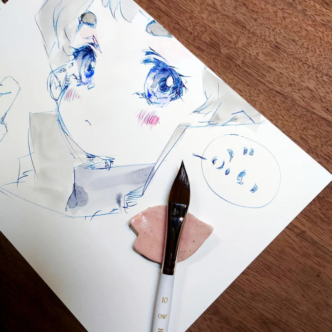 最近発見した新ジャンルの筆。根本は平筆なのに先端は面相的な使い方ができるというすぐれもの。ナムラさん、ホルベインさんともに出てるけど、〇〇筆とかの名前は無いのだろうか?なんだろ・・平面相? 