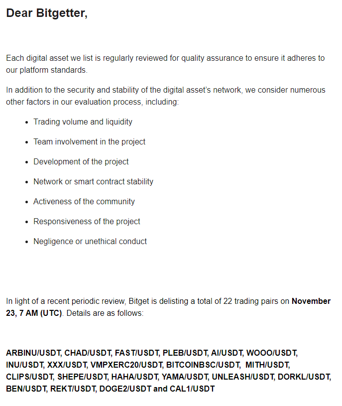 CacheTrading's tweet photo. #Bitget will be delisting the following #USDT trading pairs November 23, 7am UTC
$ARB, $CHAD, $FAST, $PLEB, $AI, $WOOO, $INU, $XXX, $MITH, $CLIPS, $SHEPE, $HAHA, $YAMA, $DORK, $BEN, $REKT, #DOGE2, #CAL1 https://t.co/z0OiOm3ANU