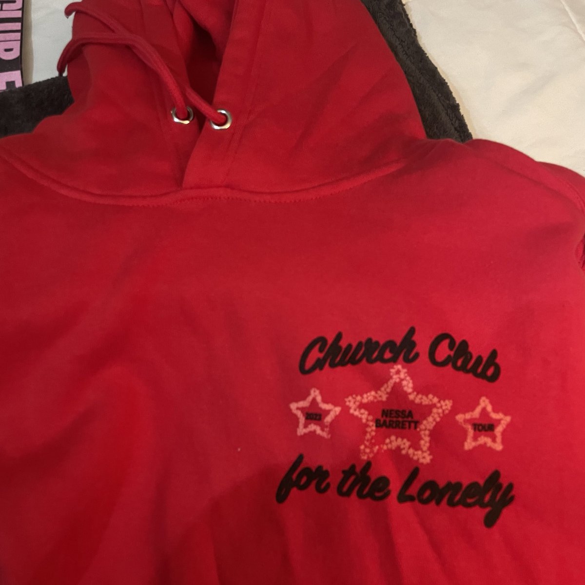 fmkness's tweet photo. GIVEAWAY!!!!! 🍒
i have an extra red (XL) church club for the lonely tour hoodie to giveaway! 
just retweet this, follow me &amp; reply with 🍒 to enter!! 🤍

winner will be messaged: december 4th🤍 https://t.co/hKm5cxhT7r