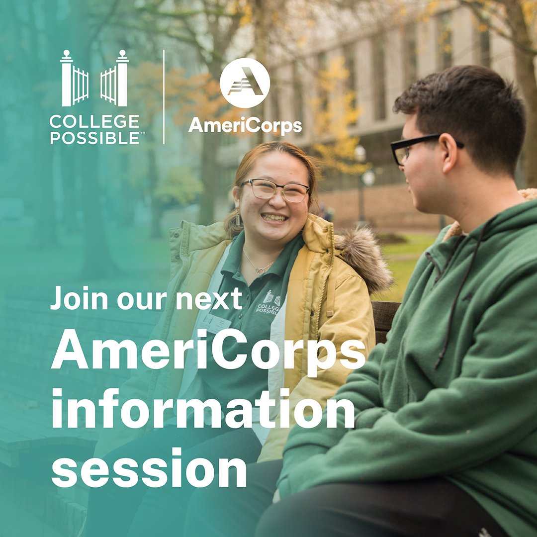 CollPossibleCHI's tweet photo. Exploring your next steps after graduation? Join our AmeriCorps virtual information session this Thursday, Nov. 22 at 1:00 p.m. CT. Learn how you will gain tangible skills that will translate into any career. Register at: https://t.co/Goc0V74cgs https://t.co/xmYBmEgk7S