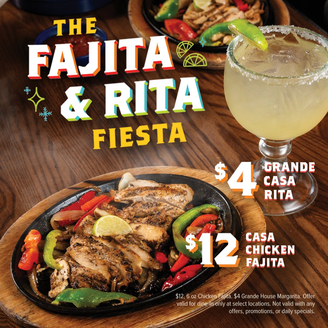 The Fajita & Rita Fiesta is HERE! Two favorites at iconic prices. Better together or enjoy separately! *Available for Dine in only through 1/2/24 at participating locations. Cannot be combined with other offers or daily specials. Rules and restrictions apply. #texmex...