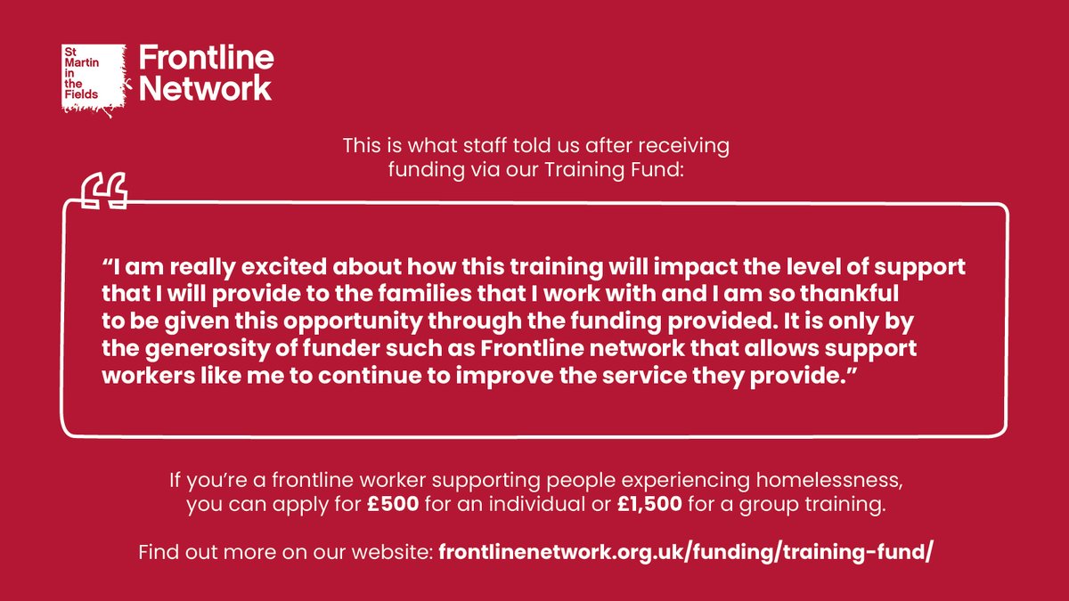 Do you work in a role supporting people experiencing #homelessness?

Our Training Fund can help yourself and your colleagues access training courses - up to £500 for individuals and £1500 for groups.

Apply: loom.ly/kdxz2u4