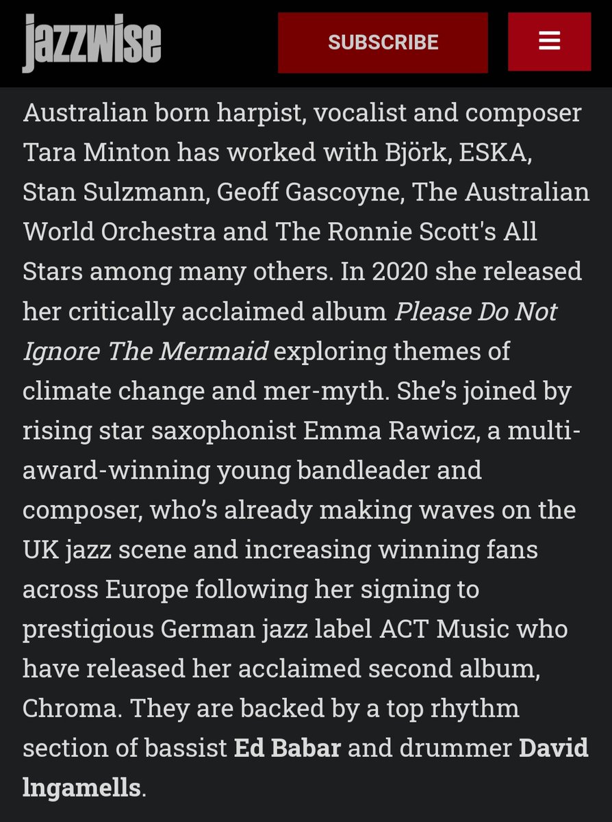 Article from @Jazzwise magazine in the run up to our next live gig 'Swinging on A Harp String' - with @taramintonmusic ft @ESzczerbo Read the full article here jazzwise.com/news/article/t… Purchase Tickets here wegottickets.com/event/598023/