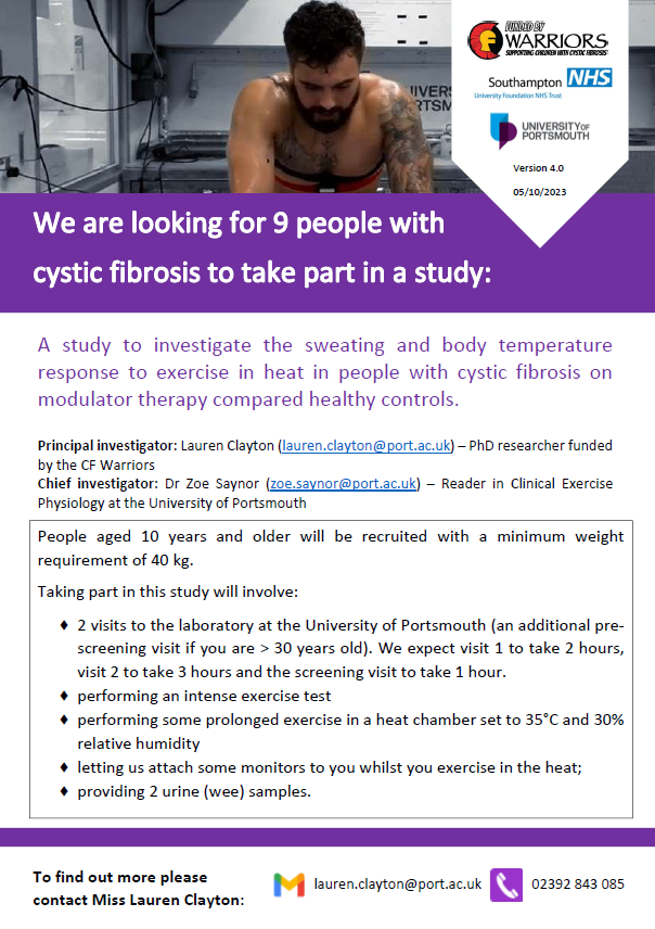 Are you living with CF and interested in participating in our latest research study at the University of Portsmouth?

We are investigating how individuals with CF respond to exercise in the heat?

Please contact us for more information 
#cysticfibrosis #research #CFWarriors