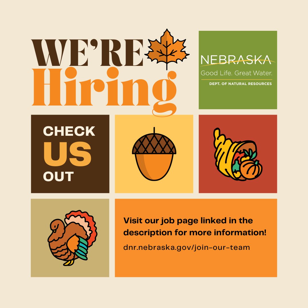 NebraskaDWEE's tweet photo. Looking to make your career something to be thankful for?
Whether you're graduating soon, seeking an internship, or simply exploring your options, we've got exciting opportunities waiting for you! Check out our job page at https://t.co/ZJLVhYw8zA!🦃
#NeDNR #Hiring #NebraskaDNR https://t.co/zecILOaeze
