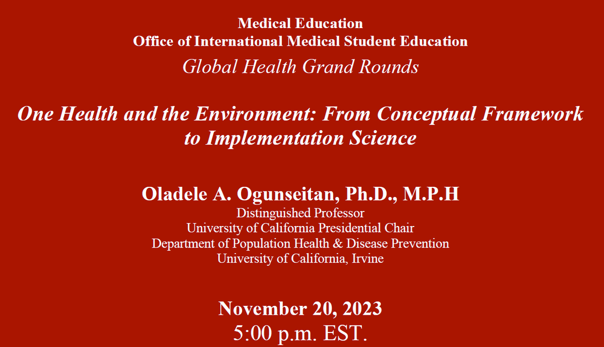 Join us on Today, 11/20/23, at 5pm (E.S.T.) to hear Dr. Oladele A. Ogunseitan talk on "One Health and the Environment". Sign up here for the Zoom link: weillcornell.az1.qualtrics.com/jfe/form/SV_9p…… #environmentalhealth #environment #environmentalawareness
<a href="/WCMDeptofMed/">Weill Department of Medicine</a>
<a href="/WeillCornell/">Weill Cornell Medicine</a>
<a href="/WCMPopHealthSci/">Weill Cornell Medicine Population Health Sciences</a>