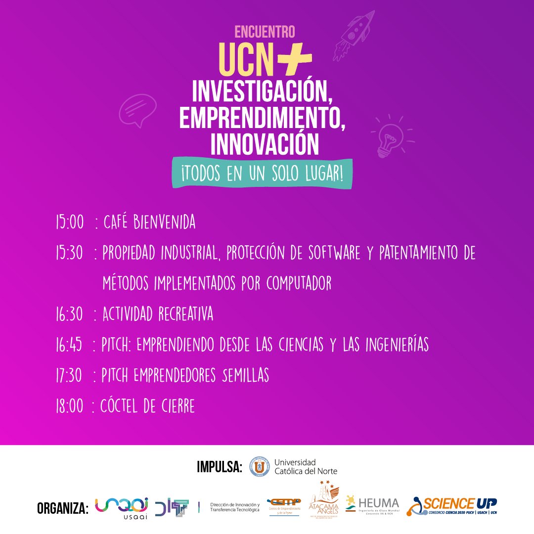 En el marco de la Semana Regional de la Innovación, el ecosistema emprendedor de la <a href="/UCNorte/">Universidad Católica del Norte</a>  se hace presente con ''UCN + Investigación, Emprendimiento e Innovación''. Te esperamos el 24 de nov. desde las 15:00 hrs.
Inscripciones: welcu.com/usqai-ucn/ucn-…