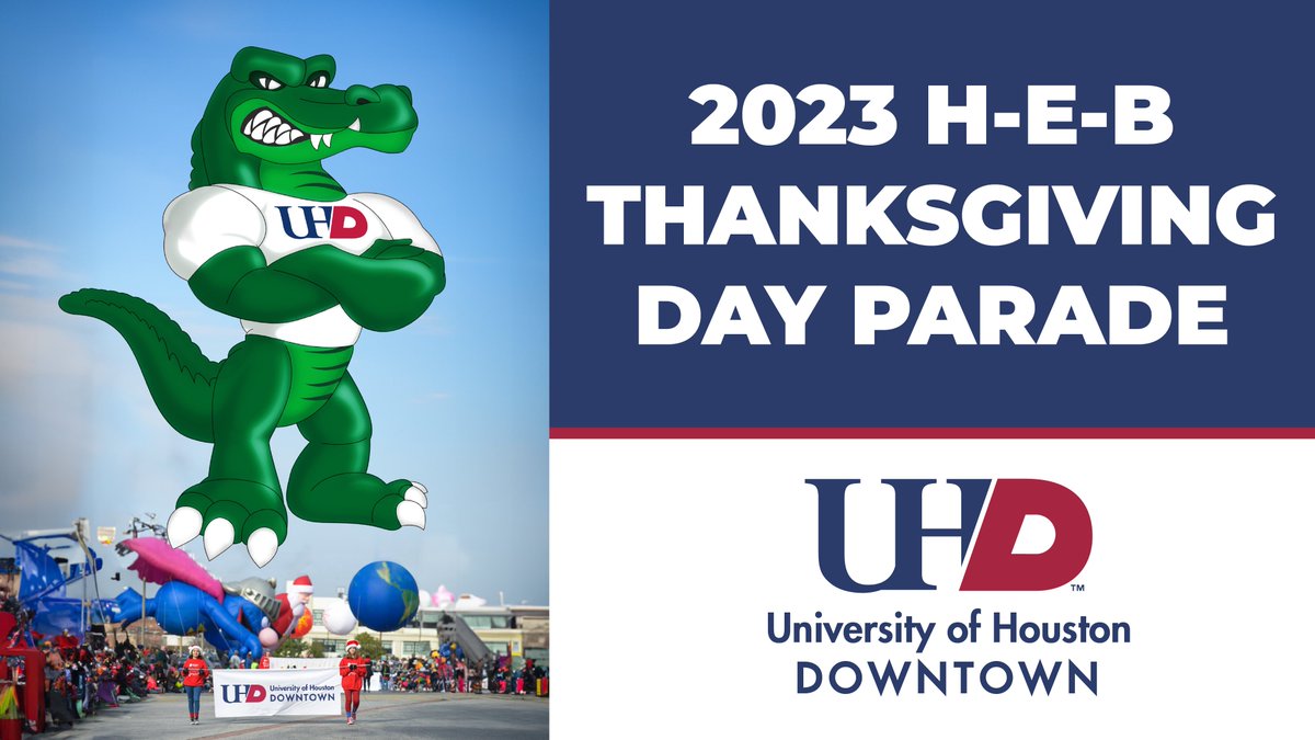 Join us at the 74th annual H-E-B Thanksgiving Day Parade 🦃 at 9 a.m. Thursday, Nov. 23, in the heart of Downtown Houston! Special guest: our 45-ft-tall Ed-U-Gator! 🐊 Don’t miss it! Details: bit.ly/3SSI3Wb