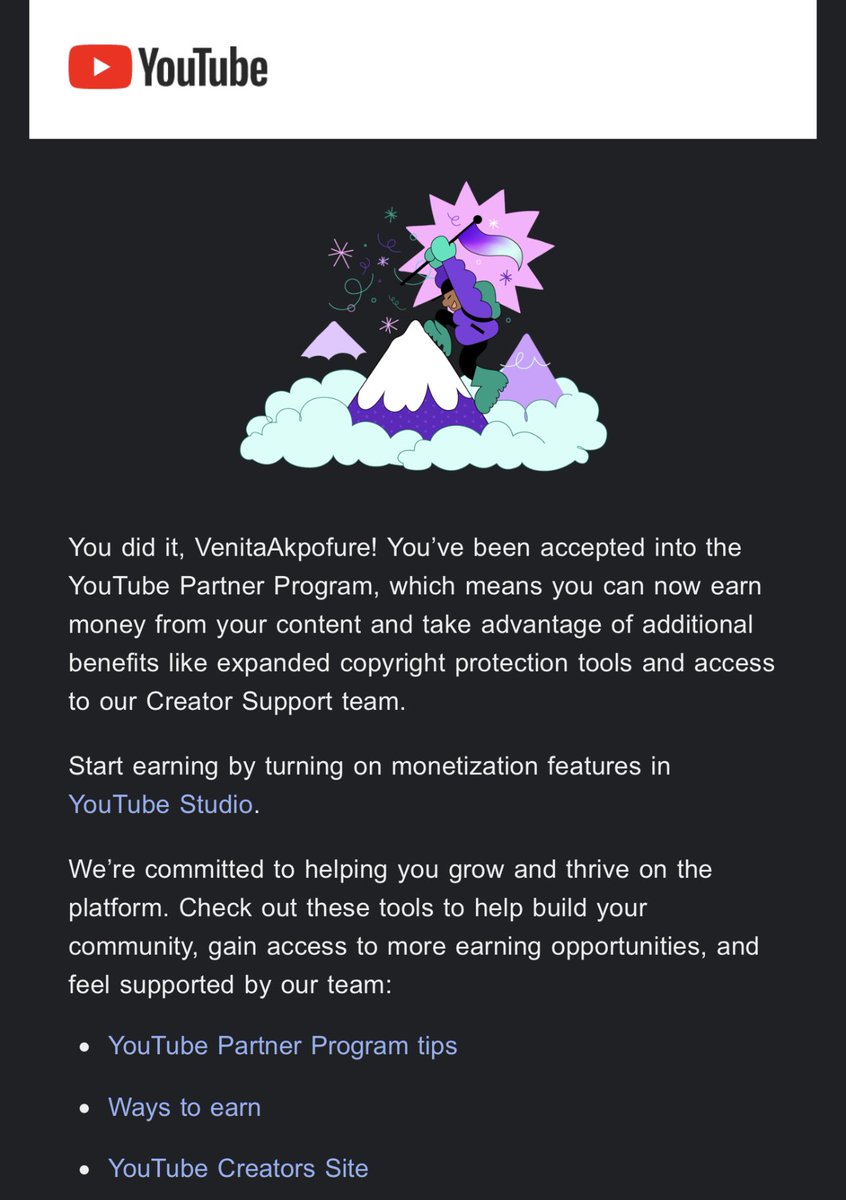 VenitaAkpofure's tweet photo. Yaaayyyy we’ve been approved. 🥺 so quickly. Thought it would take a month to review. @YouTube Thank you 🫶🏽 https://t.co/LpVr7vT0lT