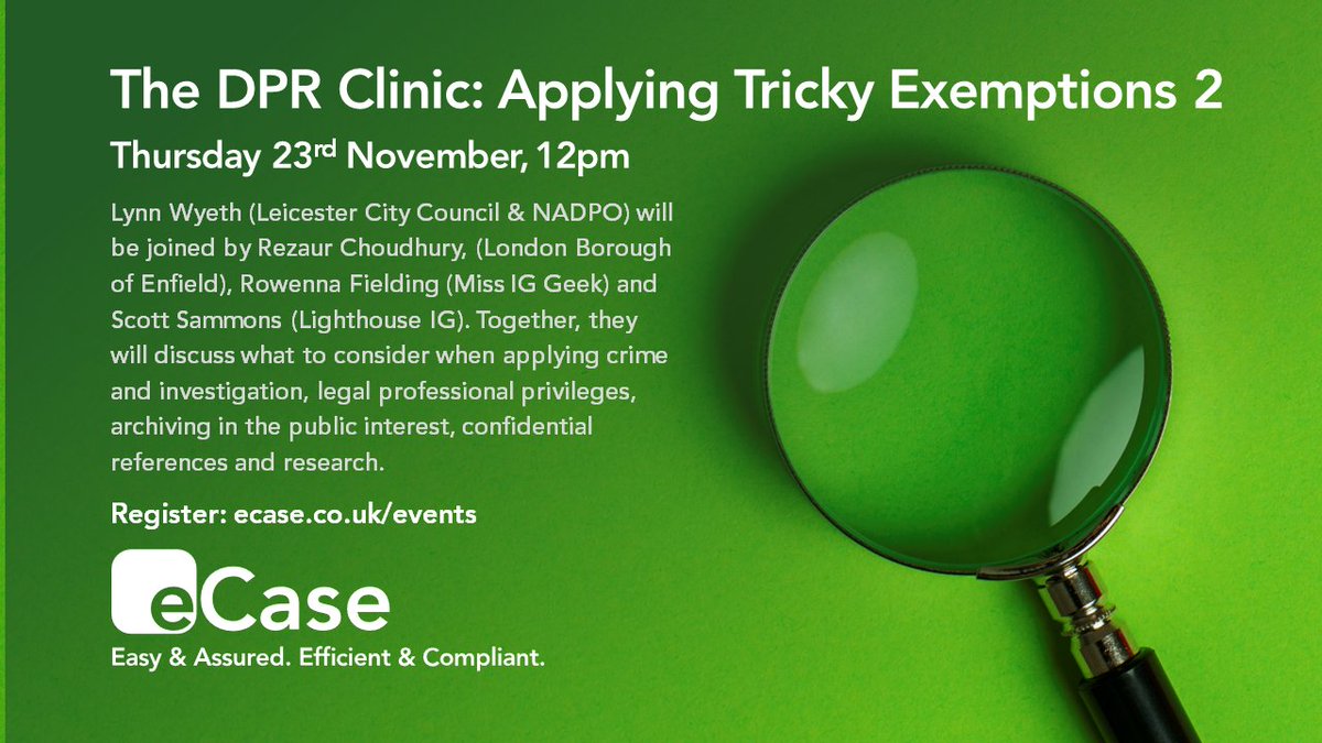 Join us for this Thursday's DPR Clinic when @LynnFOI
@privacyminion Rezaur Choudhury & @MissIG_Geek
will discuss applying tricky exemptions  #GDPR #UKGDPR #InfoGov #SubjectAccess Register ecase.co.uk/events